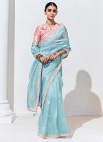 Organza Sky Blue Traditional Wear Embroidery Work Saree